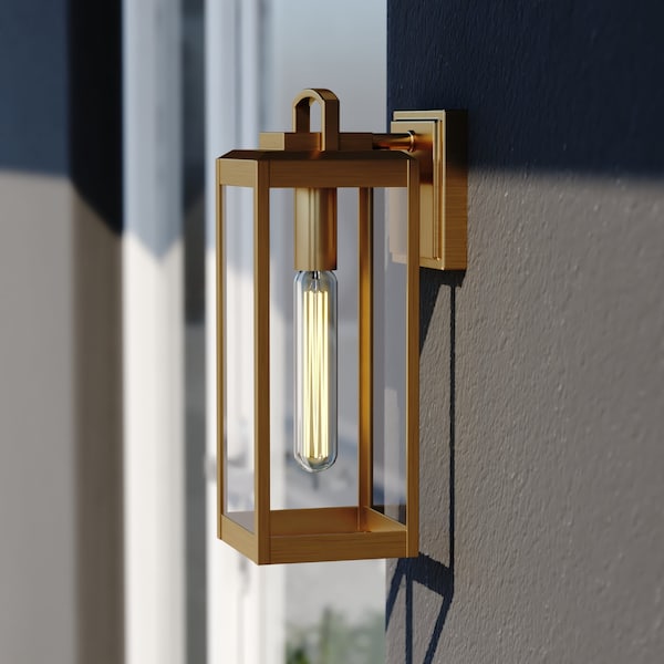 Vaxcel Kinzie 1 Light Brass Outdoor Wall Lantern with Dusk to Dawn Photocell, Clear Glass T0628 - main